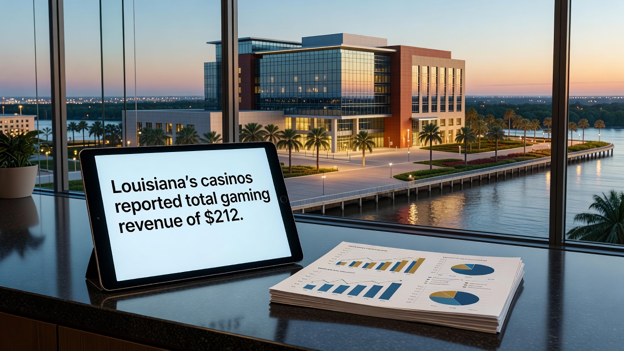 Riverboat casino exterior on the water with evening lights reflecting on the surface