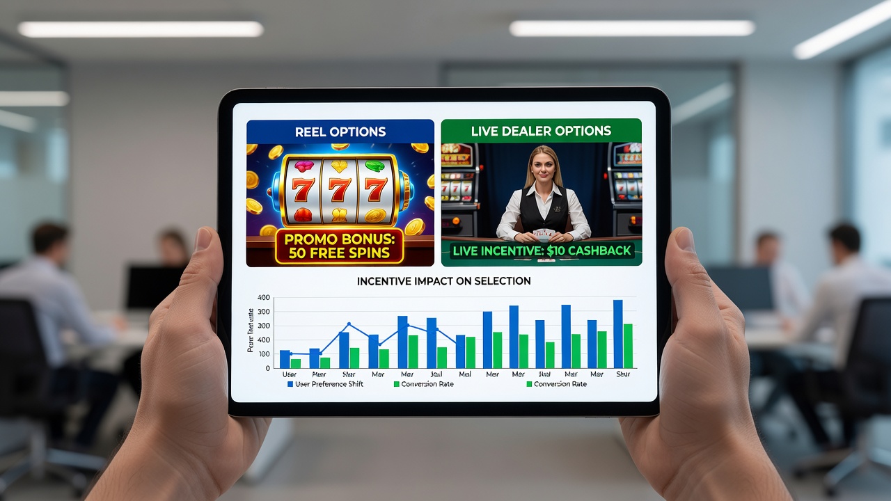 Analytics dashboard on a tablet showing user selection rates between reel and live dealer games influenced by bonus types
