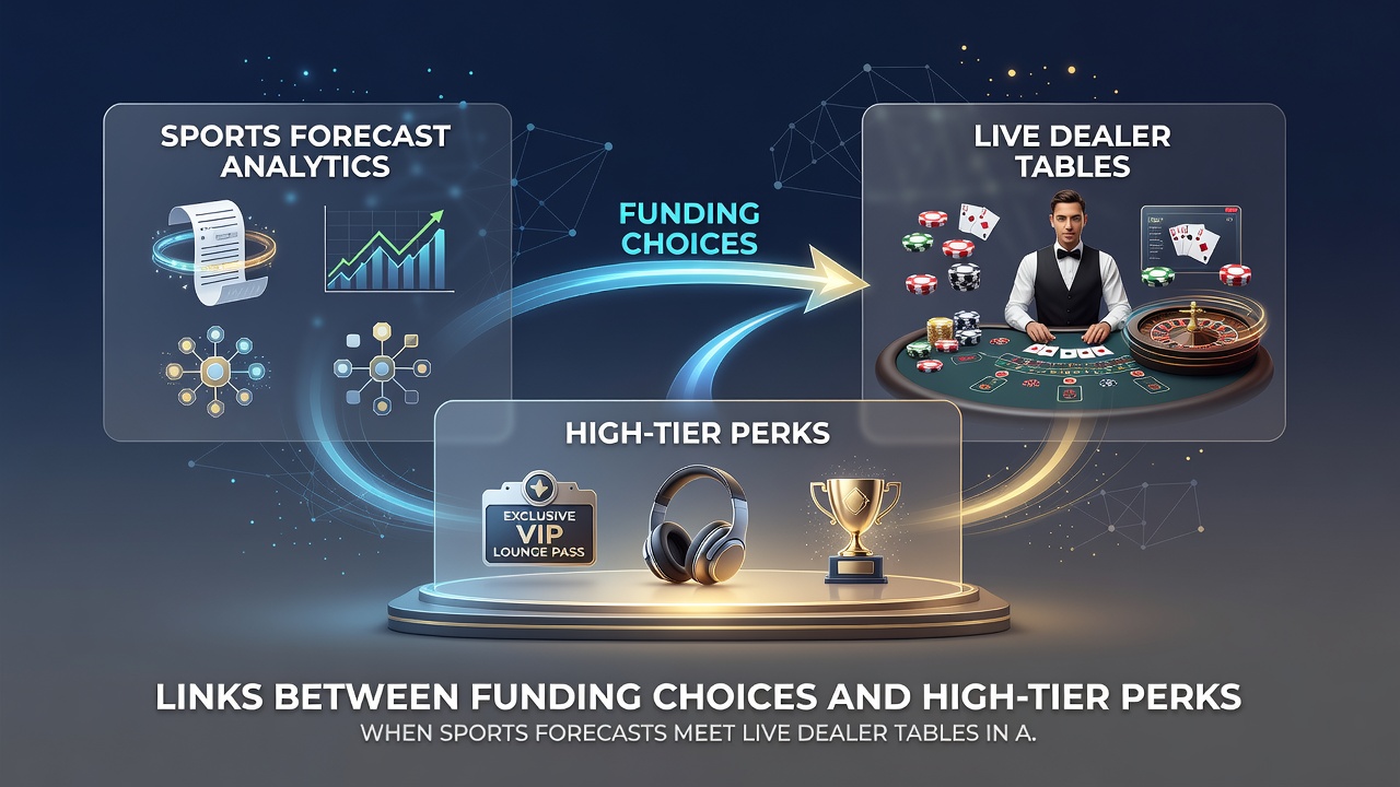 Split screen view of sports prediction dashboard merging into live dealer blackjack table with tier status indicators